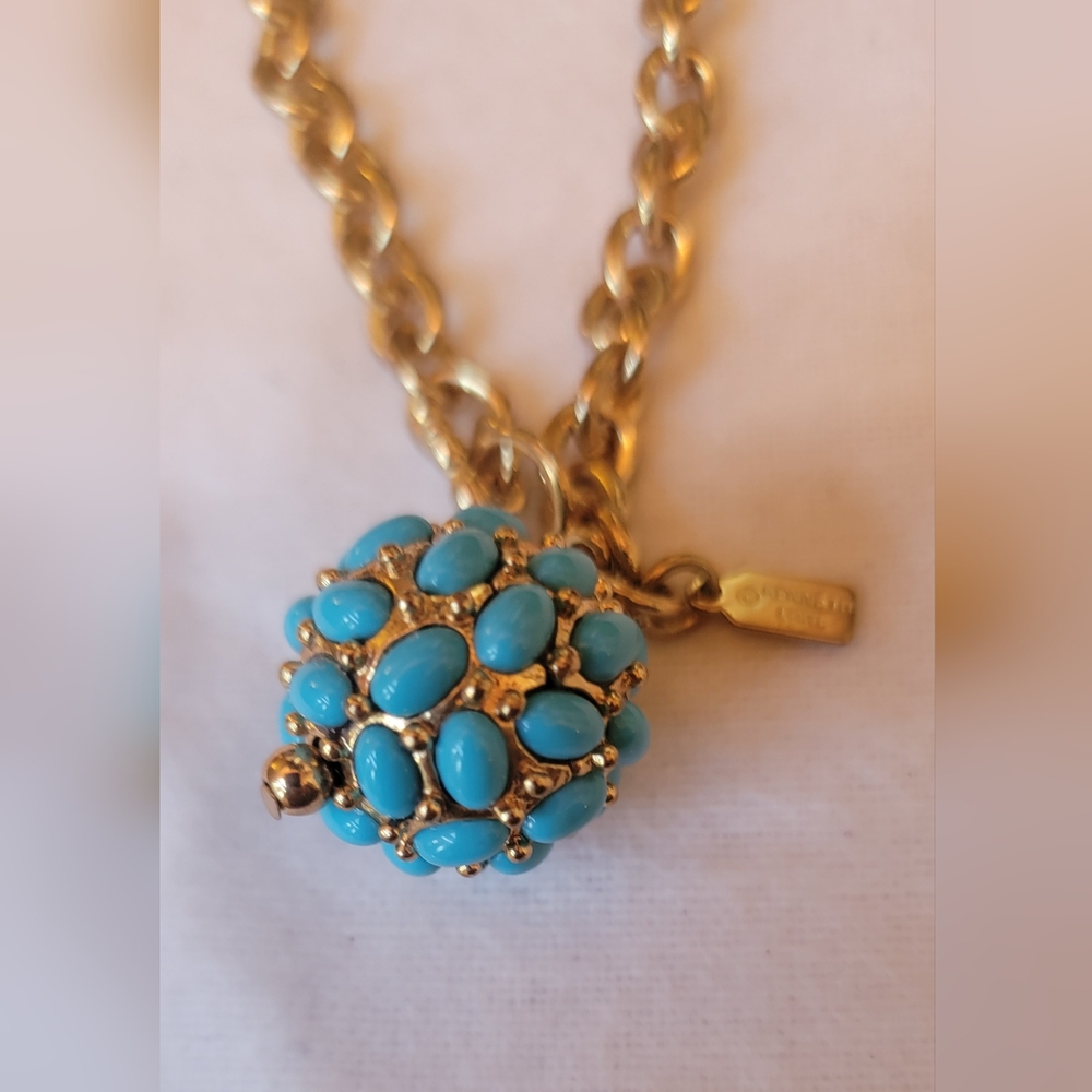 90s Kenneth Lane Round Faux Turquoise Cabochon Charm Gold Chain Bracelet 7ā - Picture 3 of 7